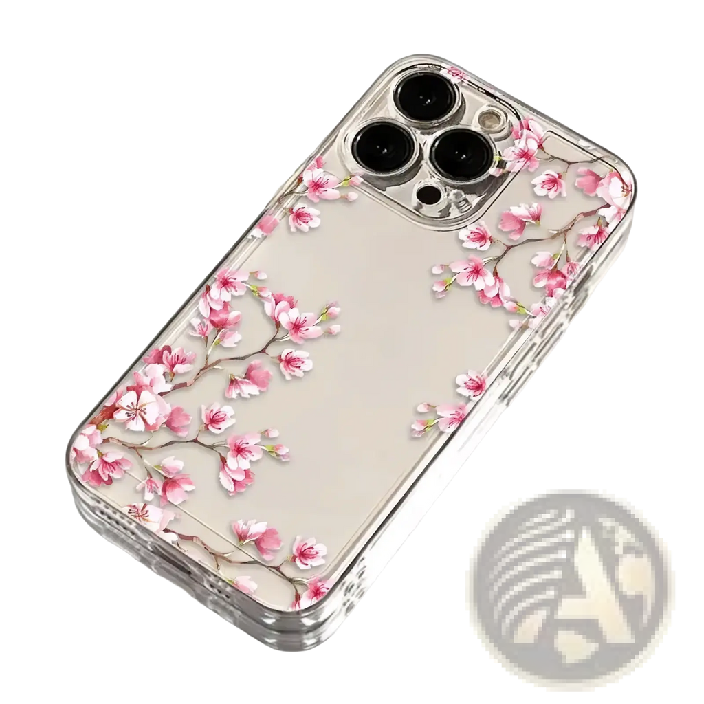 Clear iphone case featuring delicate pink cherry blossom branches on the back side in a transparent design
