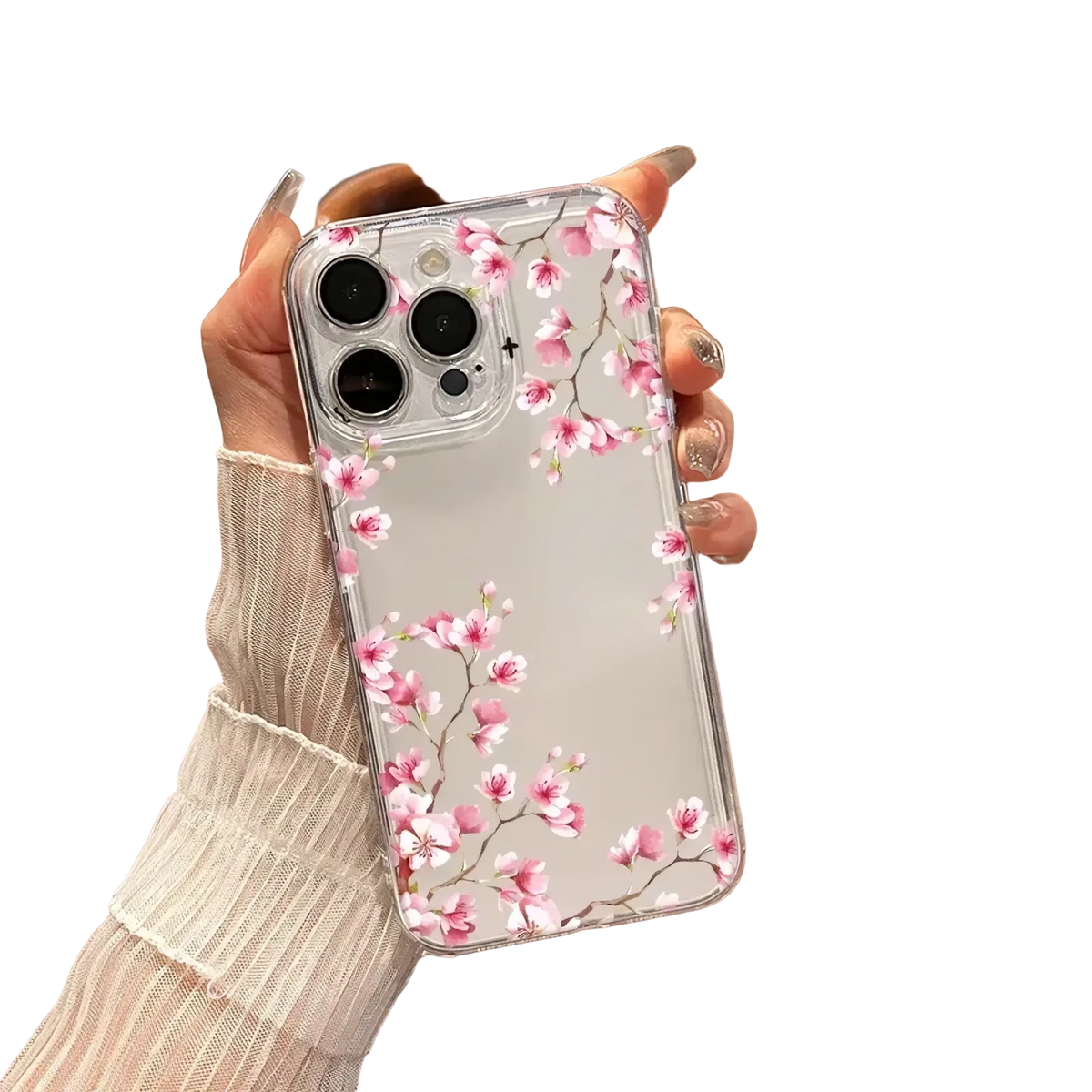 Transparent iphone case with delicate pink cherry blossom branches visible from the back side