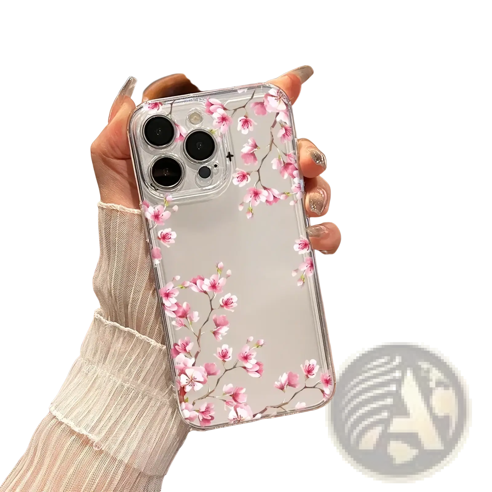 Transparent iphone case with delicate pink cherry blossom branches visible from the back side