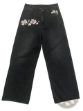 Black denim cherry blossom embroidered retro denim pants with delicate pink and white floral embroidery on front pockets
