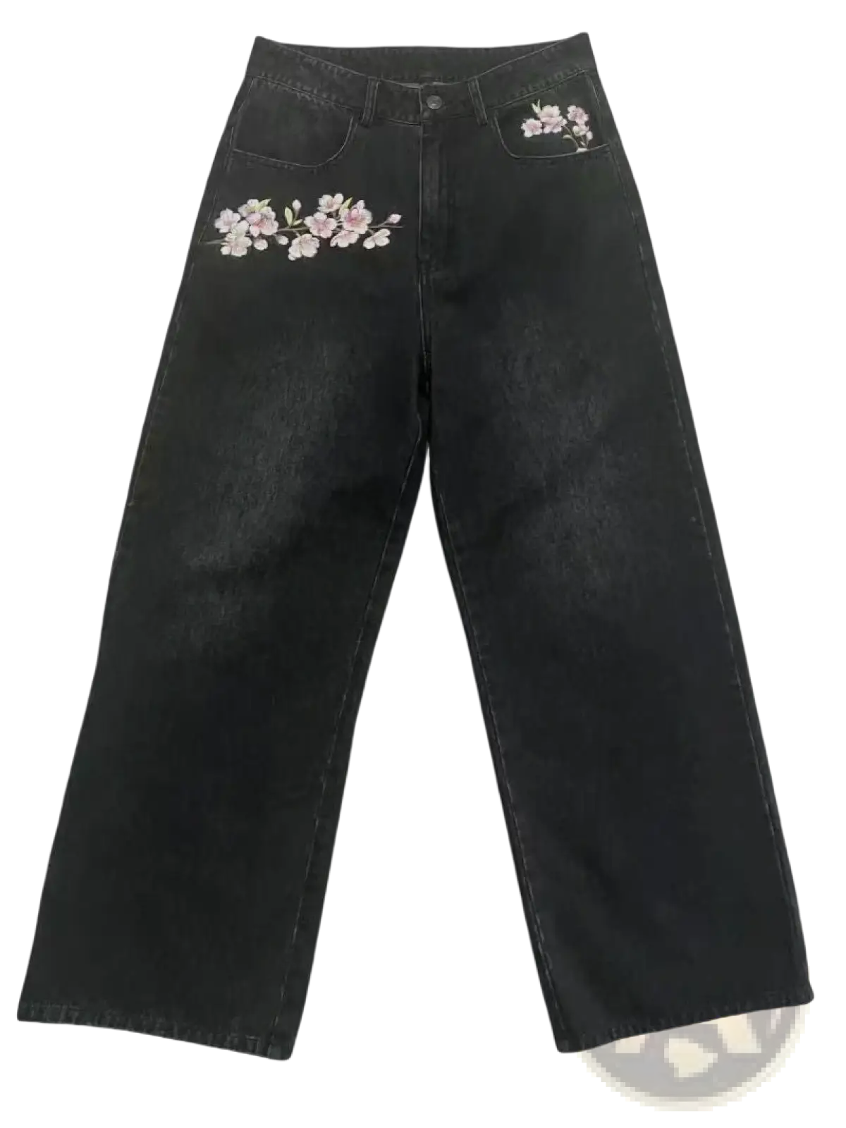 Black denim cherry blossom embroidered retro denim pants with delicate pink and white floral embroidery on front pockets