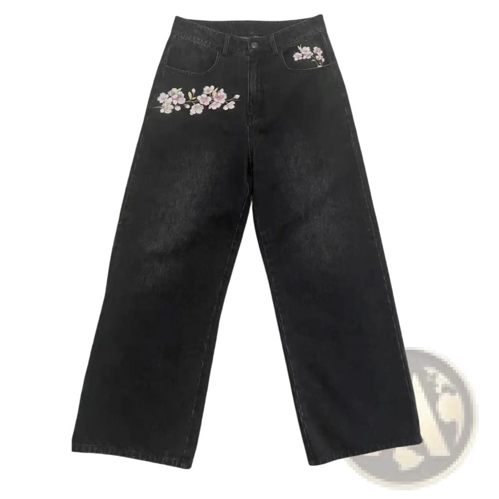 Black denim cherry blossom embroidered retro pants with delicate pink and white floral embroidery on front pockets