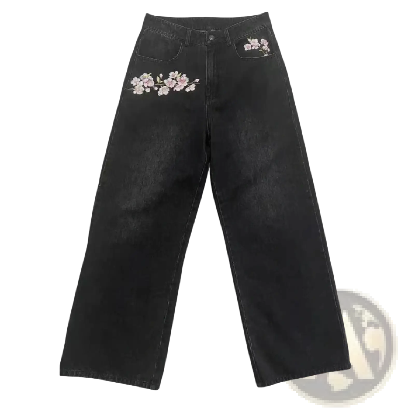 Black denim cherry blossom embroidered retro pants with delicate pink and white floral embroidery on front pockets