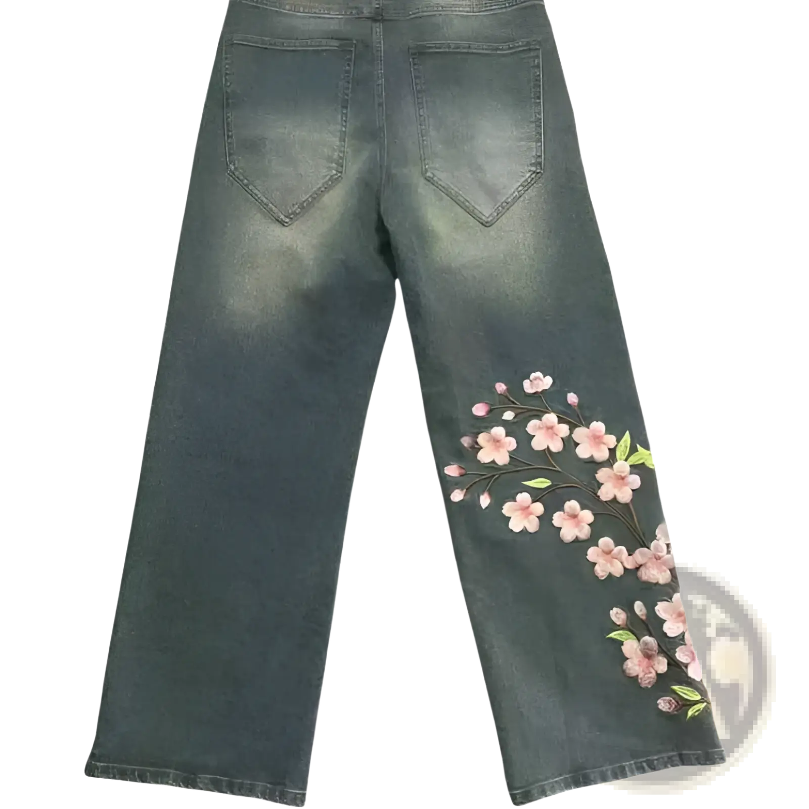 Dark-wash denim jeans with delicate pink cherry blossom embroidery along the outer seam display elegant retro style