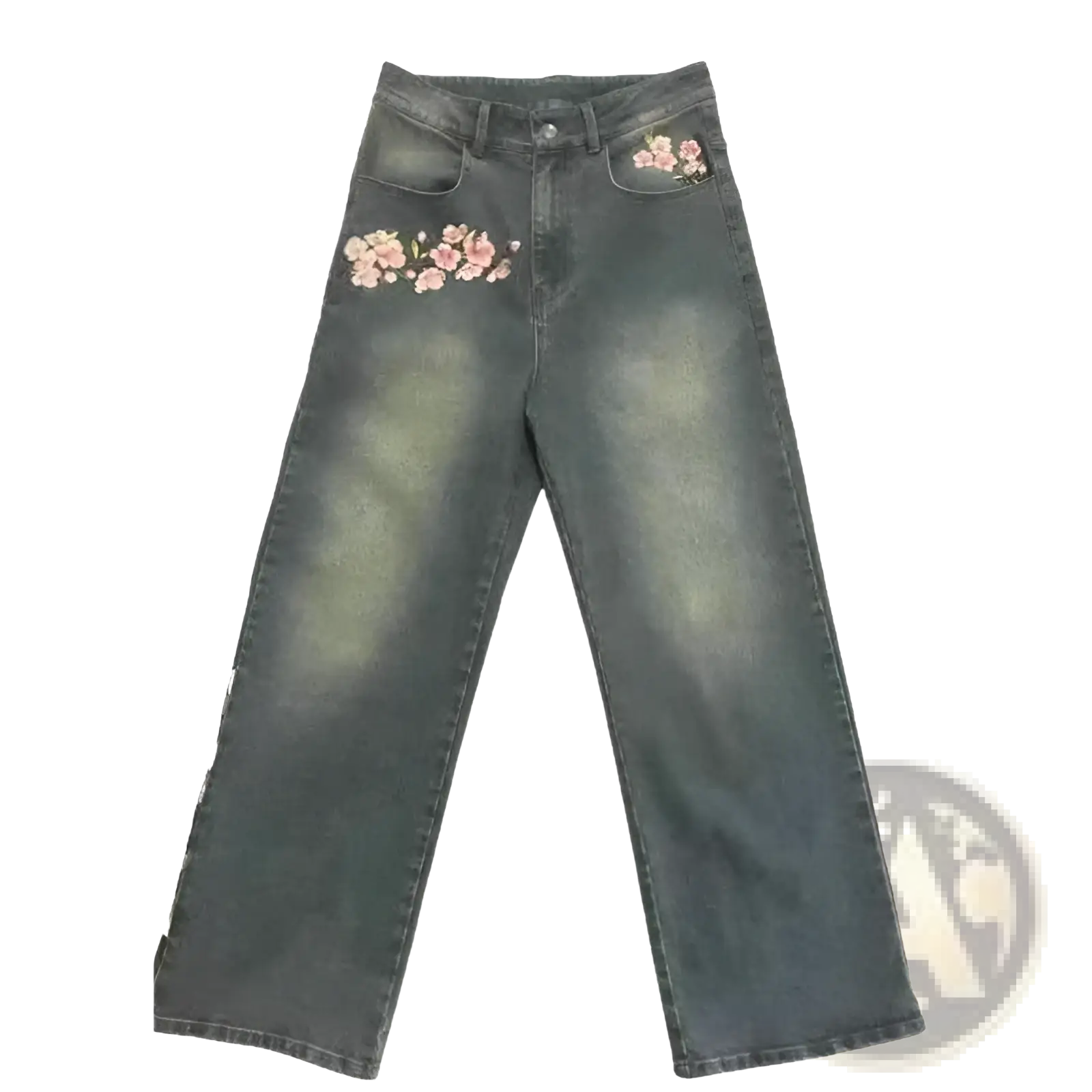 Dark-wash denim jeans with delicate pink floral embroidery on front pockets and thigh area cherry blossom style
