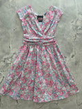 Cherry Blossom Greta 1950s vintage cotton flutter dress with pink blossom floral print short sleeves and v-neckline