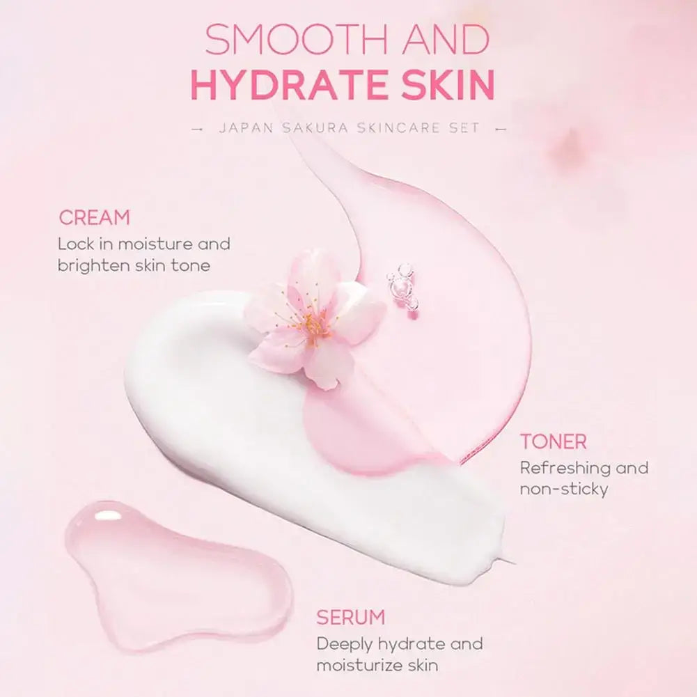 Cherry blossom travel size skincare set with creamy white moisturizer pink toner and clear serum with cherry blossom essence benefits
