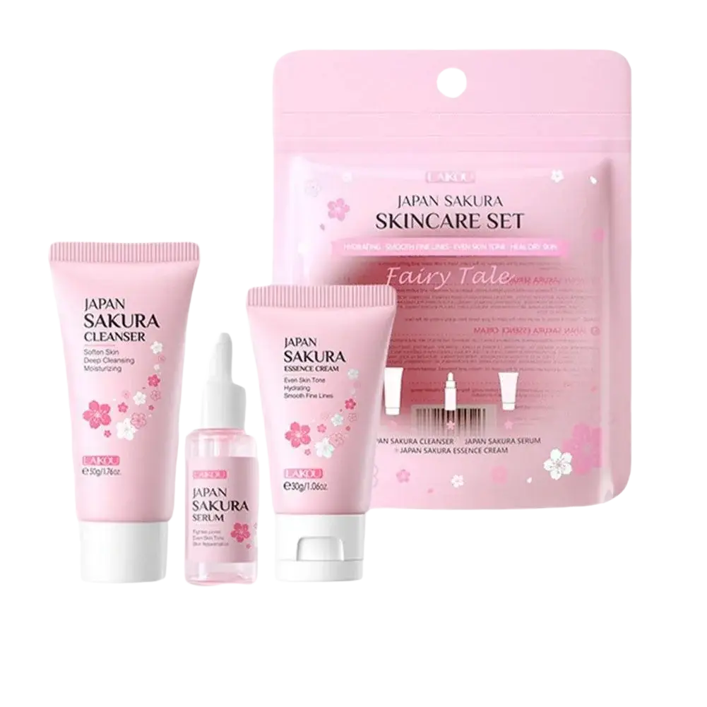 Pink japan sakura cherry blossom travel size skincare set with facial cleanser serum cream in matching pink tubes with cherry blossom essence