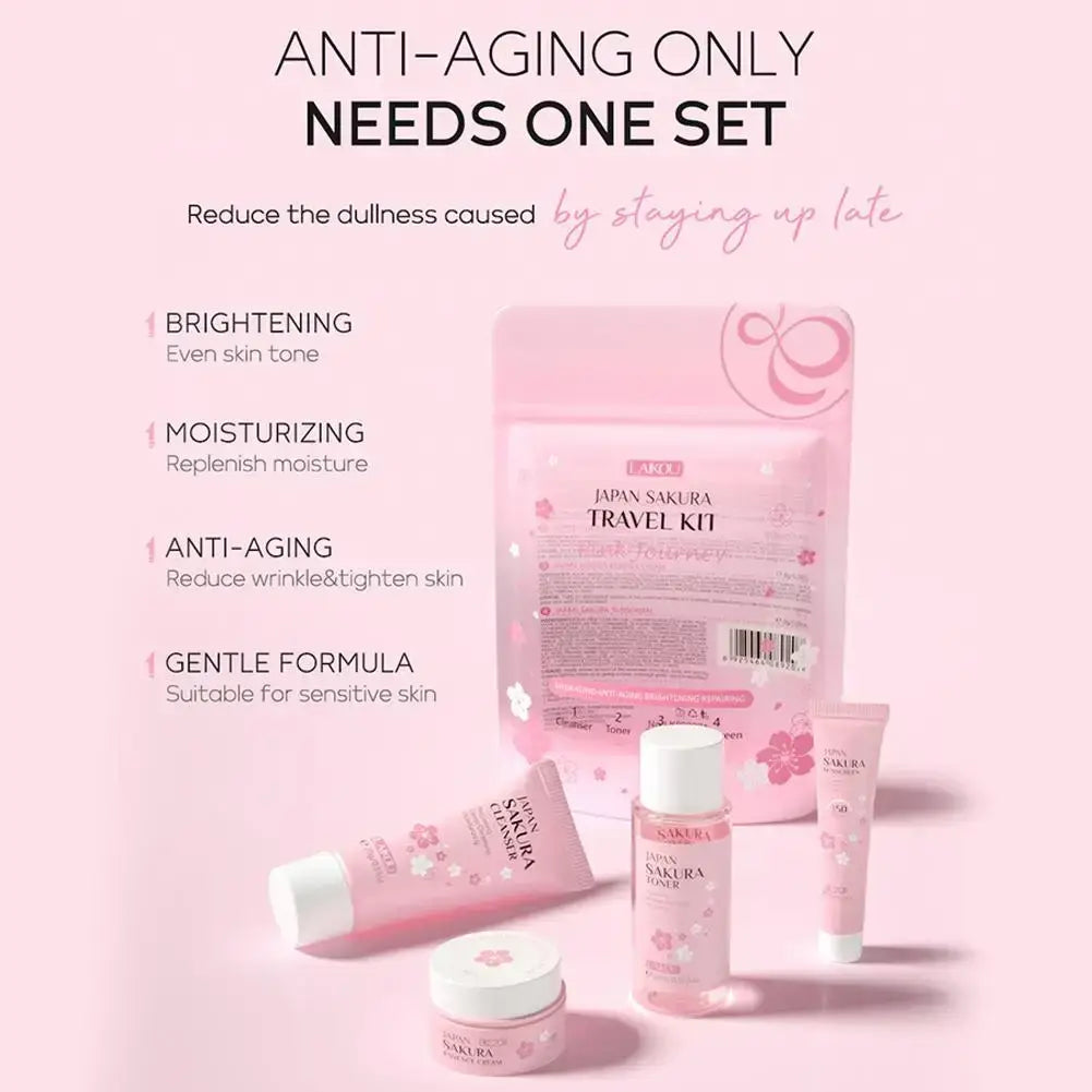 Pink japan sakura travel size skincare set with cherry blossom essence and matching pink packaging design