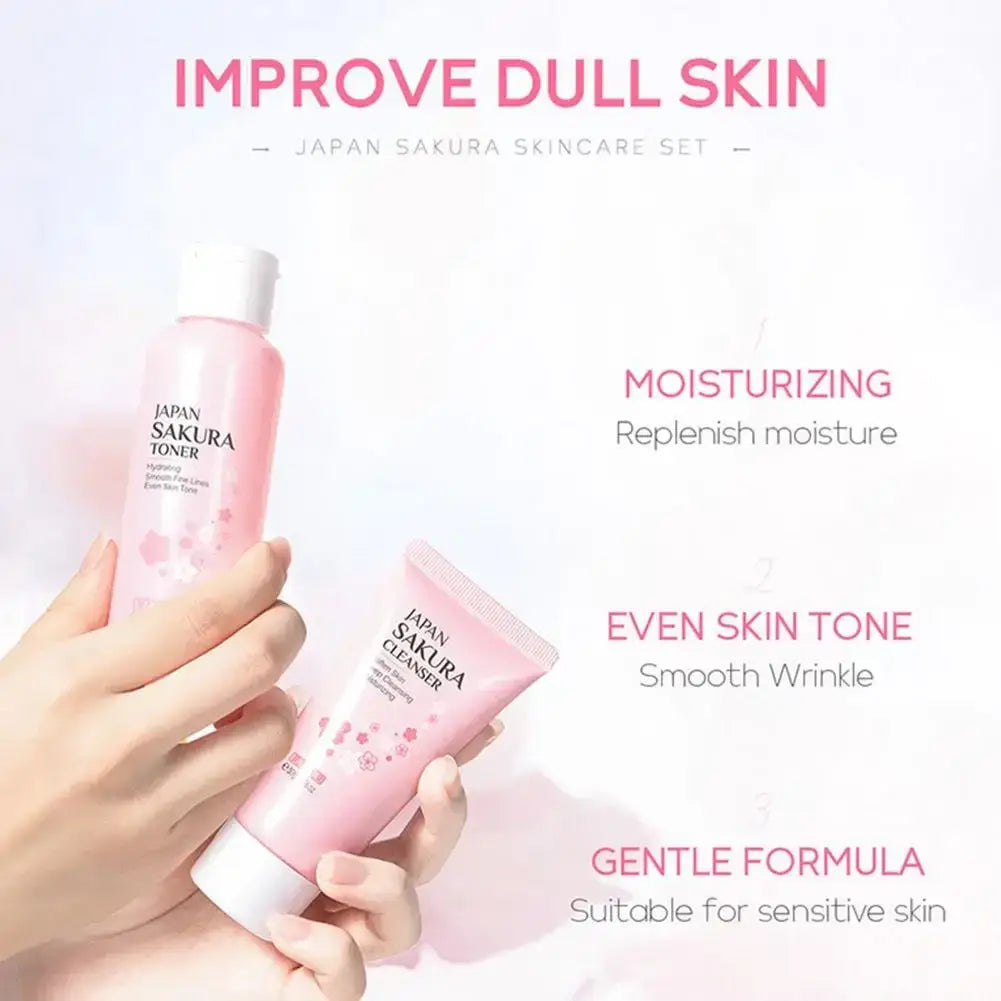 Pink japan cherry blossom travel size toner and cleanser set in translucent bottles with cherry blossom essence design