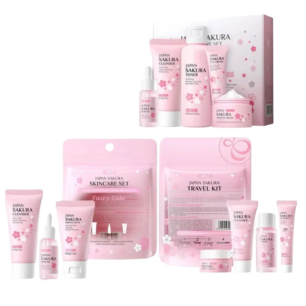 Pink japan sakura cherry blossom travel size skincare set with cherry blossom essence in translucent bottles and matching box
