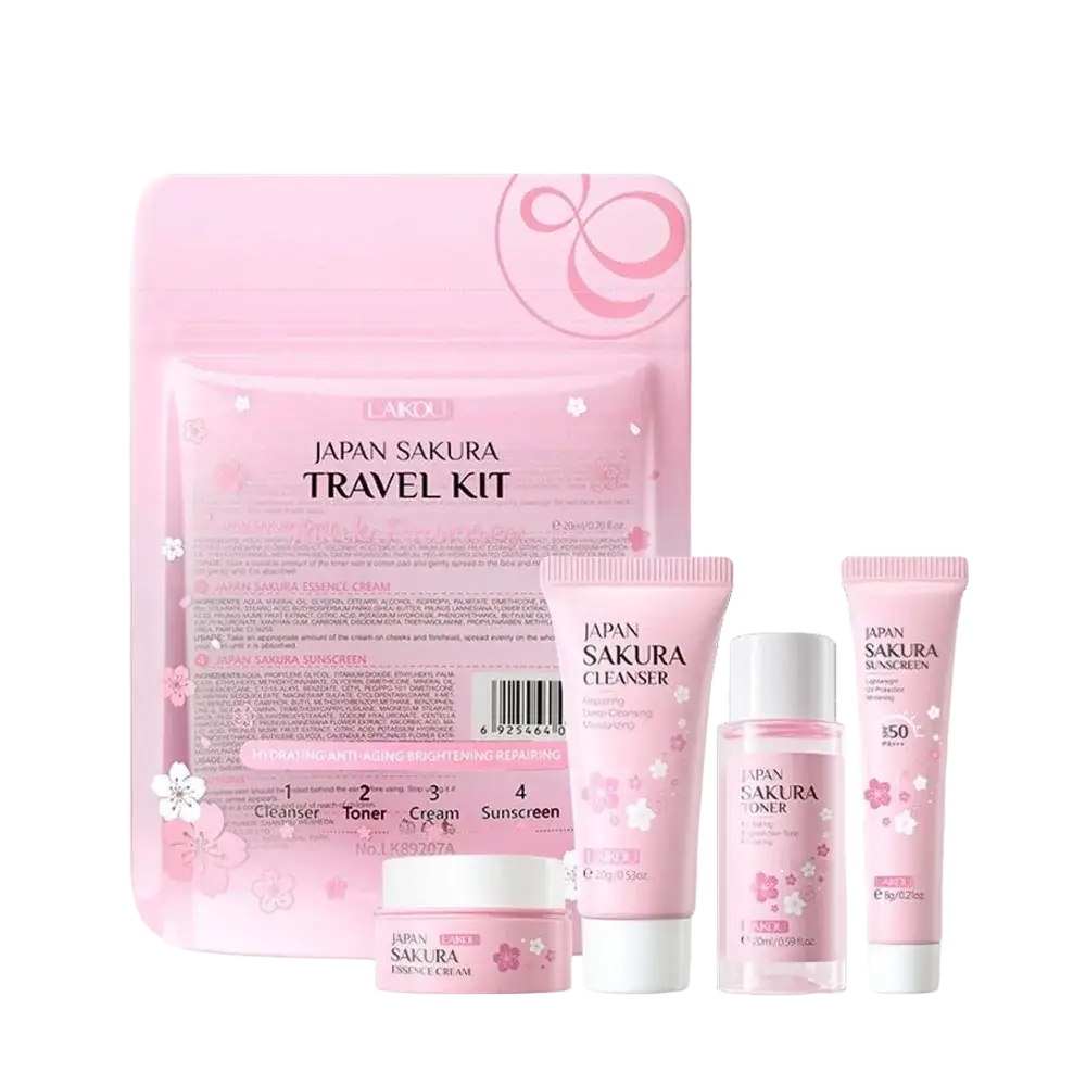 Pink Japan sakura cherry blossom travel size skincare set with four items featuring cherry blossom essence designs and white caps