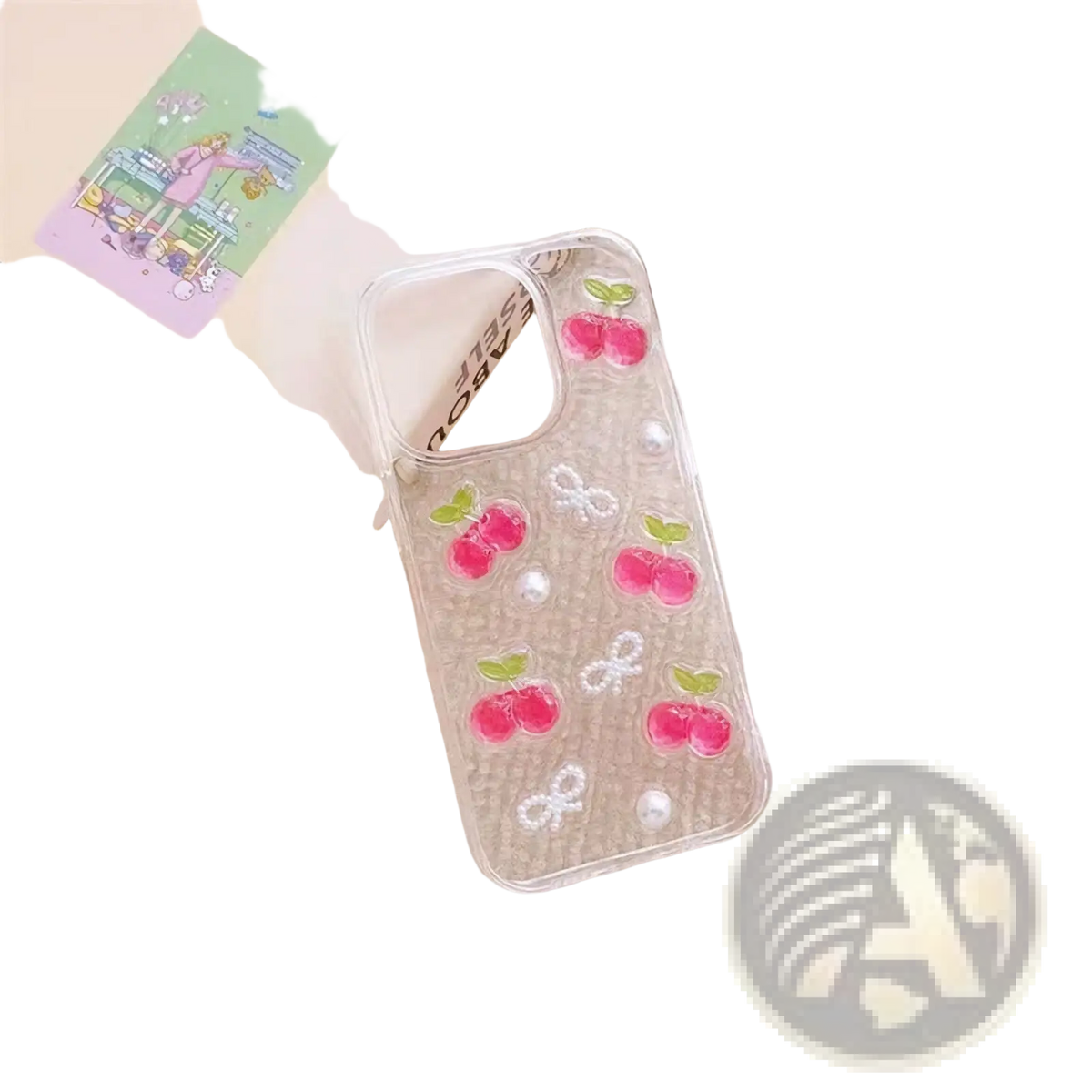 Back view of a clear iphone case with pink cherry decals and white pearl-like embellishments called cherry bow clear iphone case