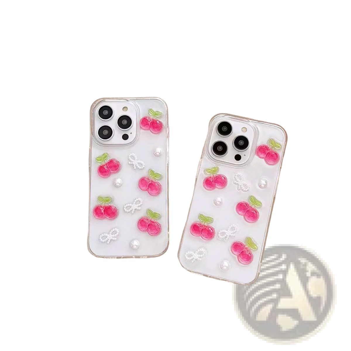 Back side of clear iphone case with pink cherry and white bow appliqués for stylish protection