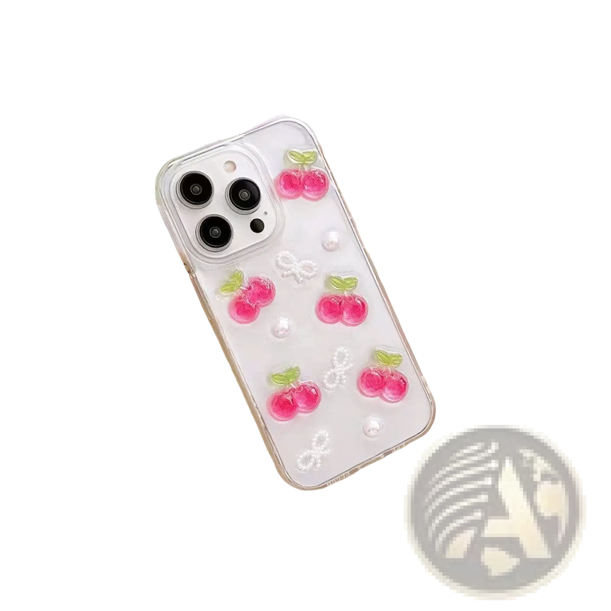 Clear iphone case with pink cherry charms and white bow details shown from the back side