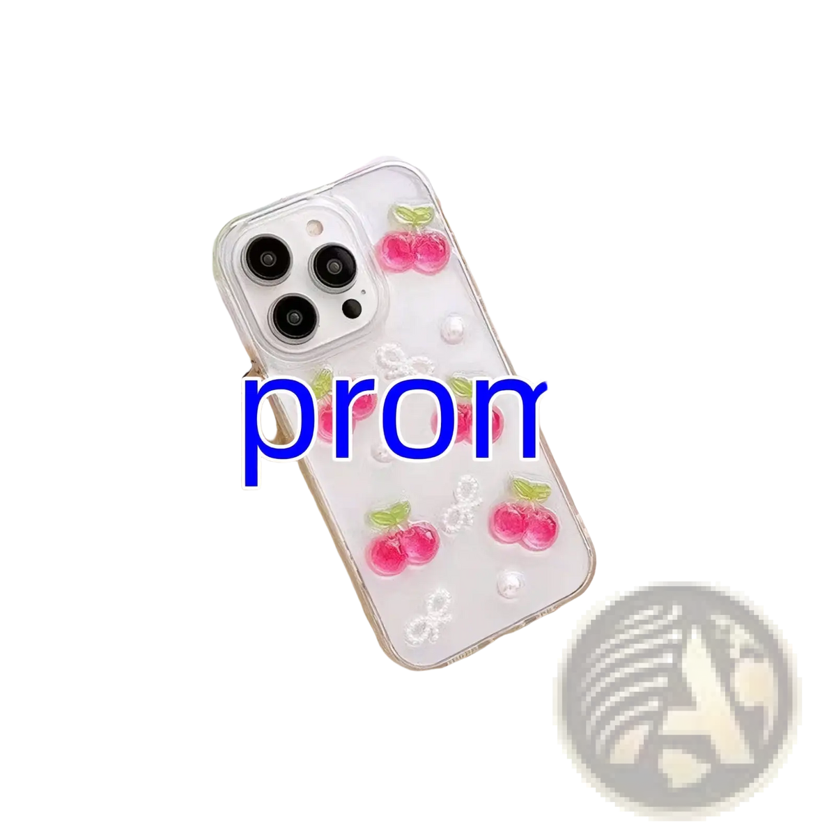 Back side of a clear iphone case with pink cherry charms and white bow details called cherry bow clear iphone case