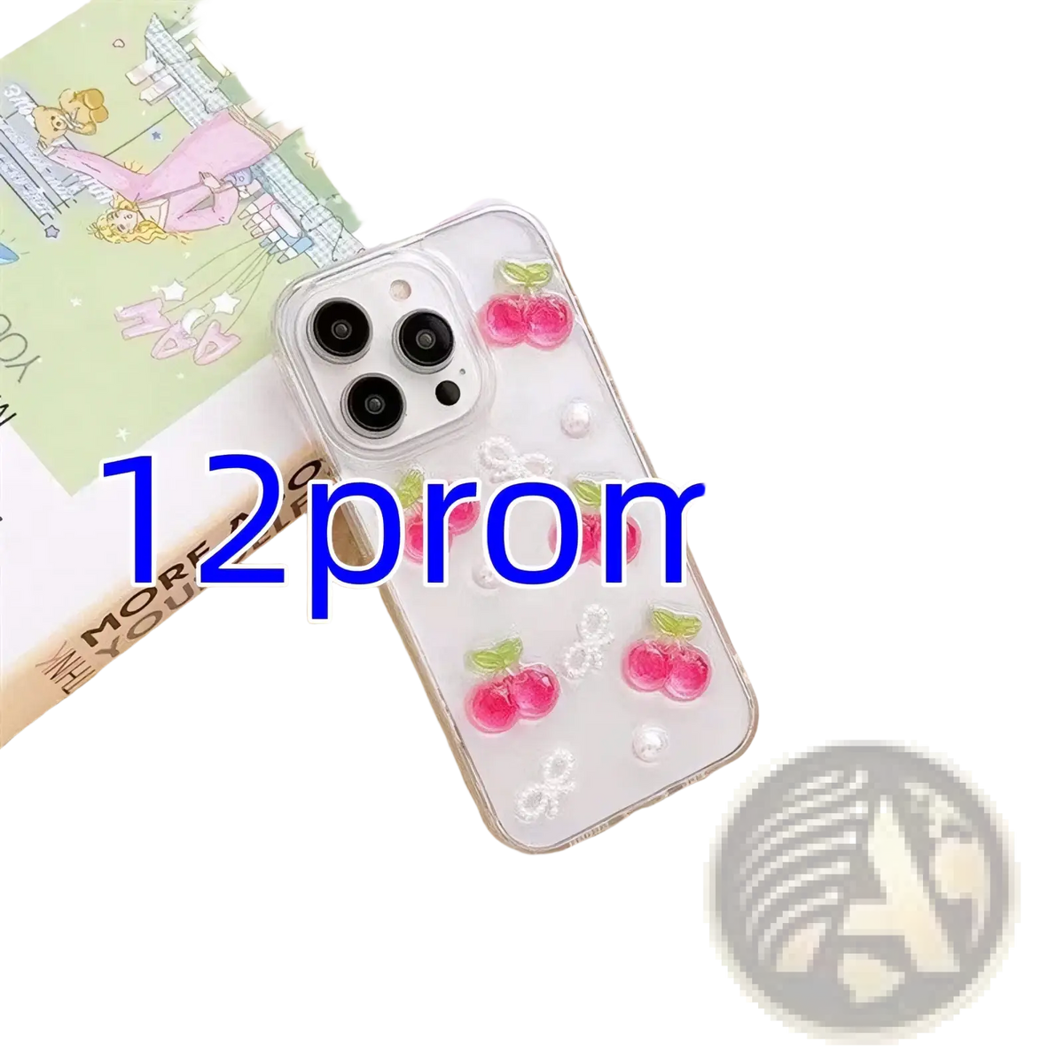 Back side of clear iphone case with pink cherry charms and white pearl accents in cherry bow design