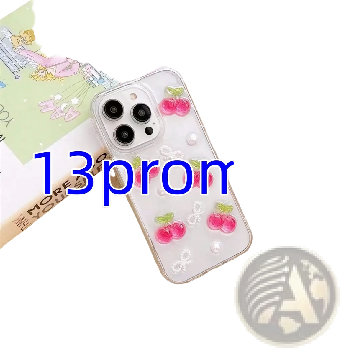 Clear iphone case with pink cherry and white bow embellishments shown from the back side