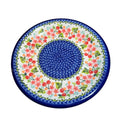Hand-painted cherry and floral 10 inch ceramic dinner plate with blue swirl center red cherries and pink flowers on white