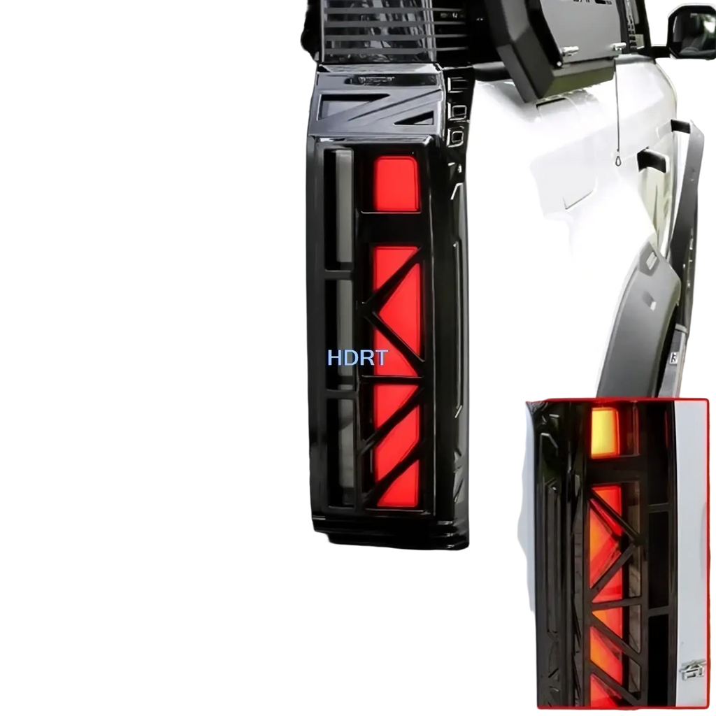 Black angular led taillight with red illuminated panels and geometric lattice design on chery icar 03 rear fog light cover trim back