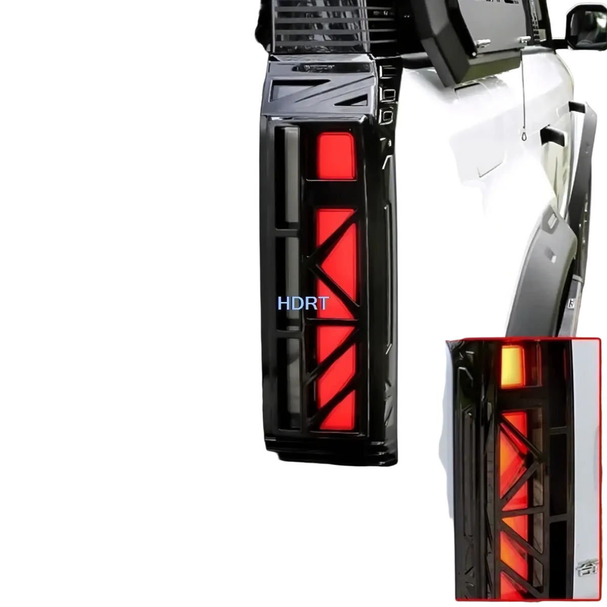 Black angular led taillight with red illuminated panels and geometric lattice design on chery icar 03 rear fog light cover trim back