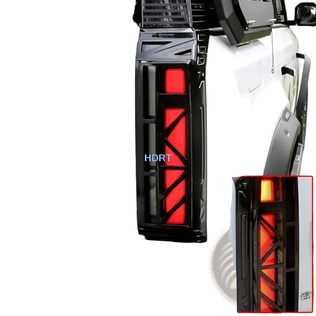 Black angular led taillight with red illuminated panels and geometric lattice design on chery icar 03 rear fog light cover trim back