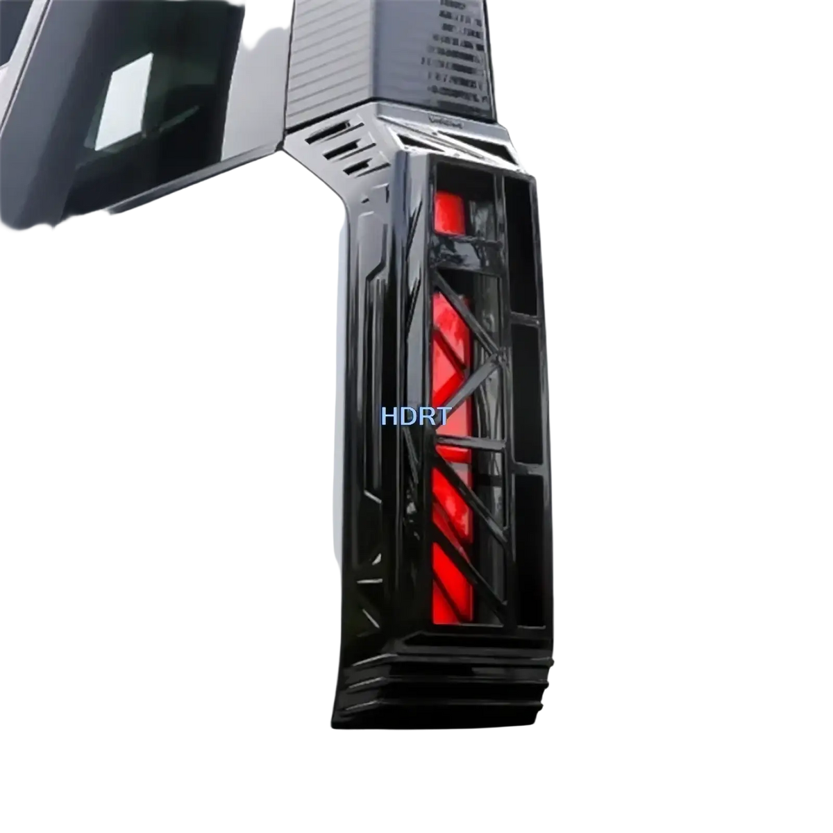 Black angular tail light assembly with red illuminated sections on white chery icar 03 rear fog light cover trim back side