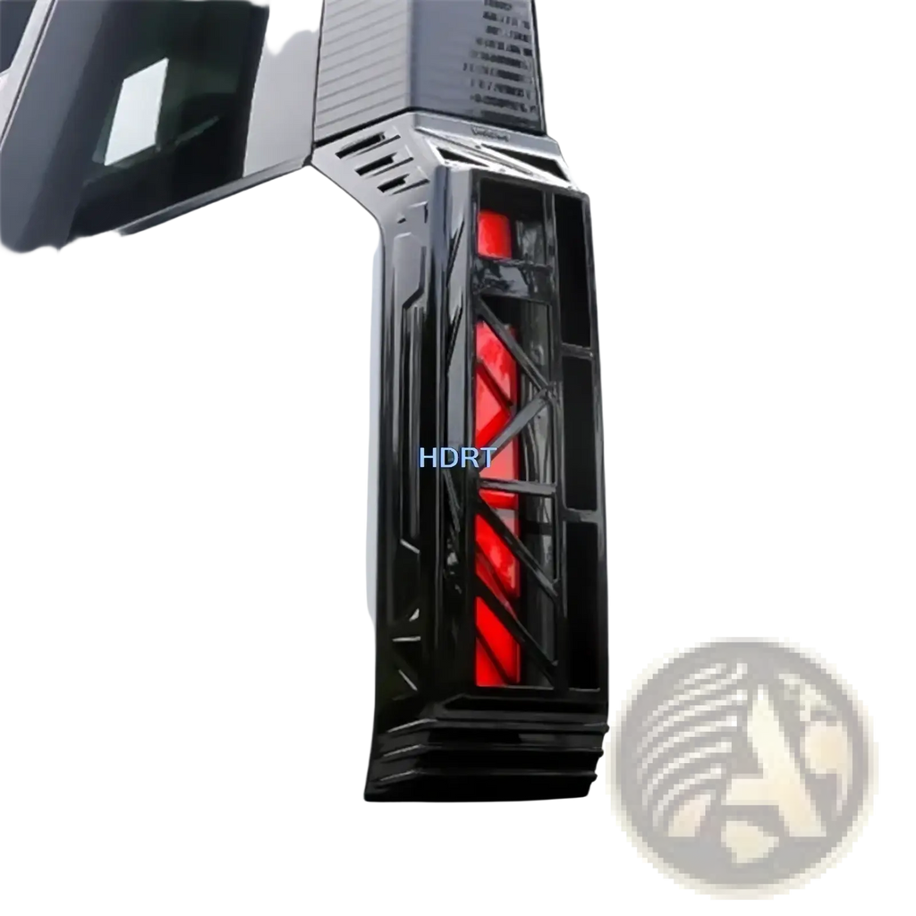 Black angular tail light assembly with red illuminated sections on white chery icar 03 rear fog light cover trim back side