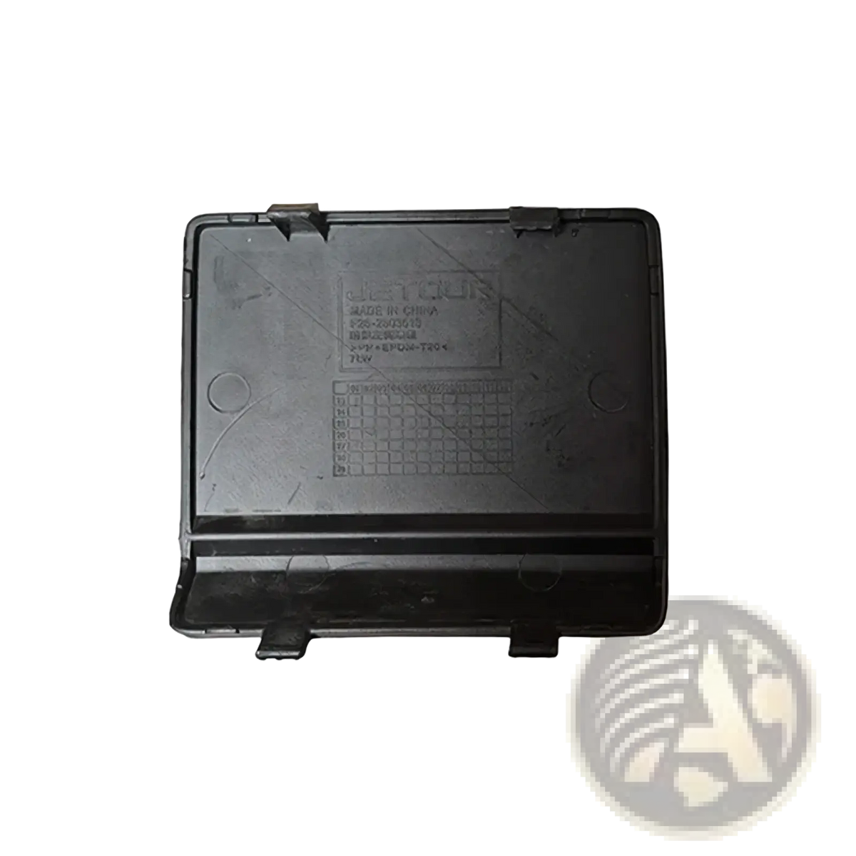 Black plastic car battery cover with molded tabs and embossed text for Chery Jetour Traveller T2 front tow hook cover