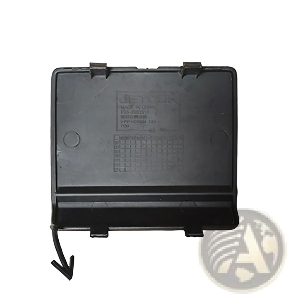 Black plastic front tow hook cover for chery jetour traveller t2 with molded hinges and embossed branding back side