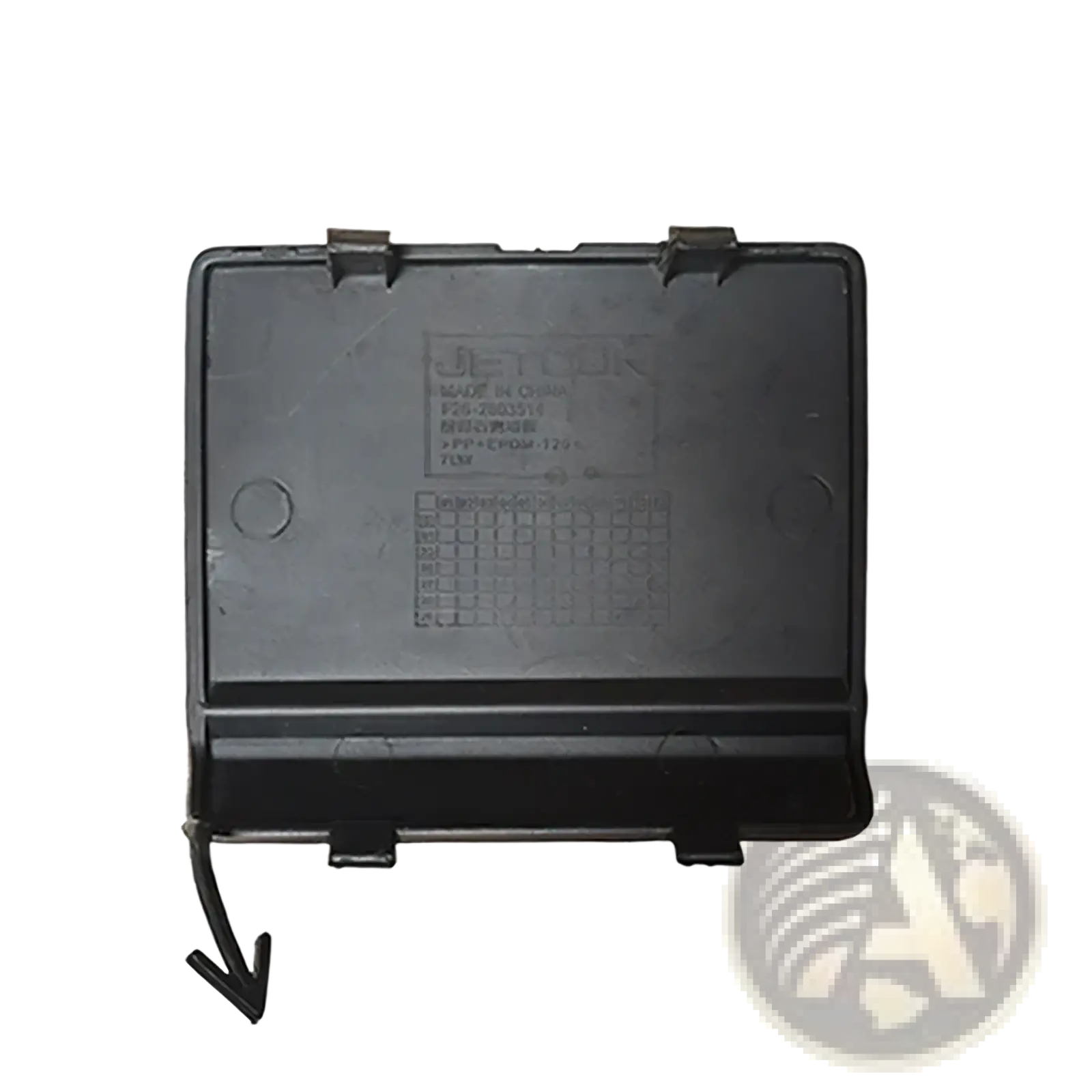 Black plastic front tow hook cover for chery jetour traveller t2 with molded hinges and embossed branding back side