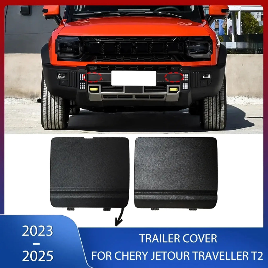 Black textured front tow hook cover for 2023-2025 chery jetour traveller t2 trailer visible from the back side