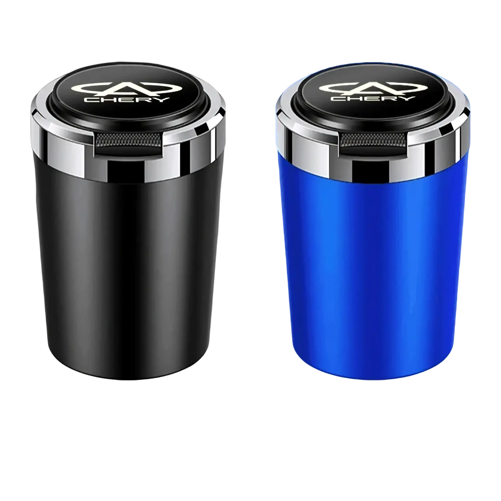 Black metallic chery led car ashtray with chrome rim and luminous vehicle cup design on the lid