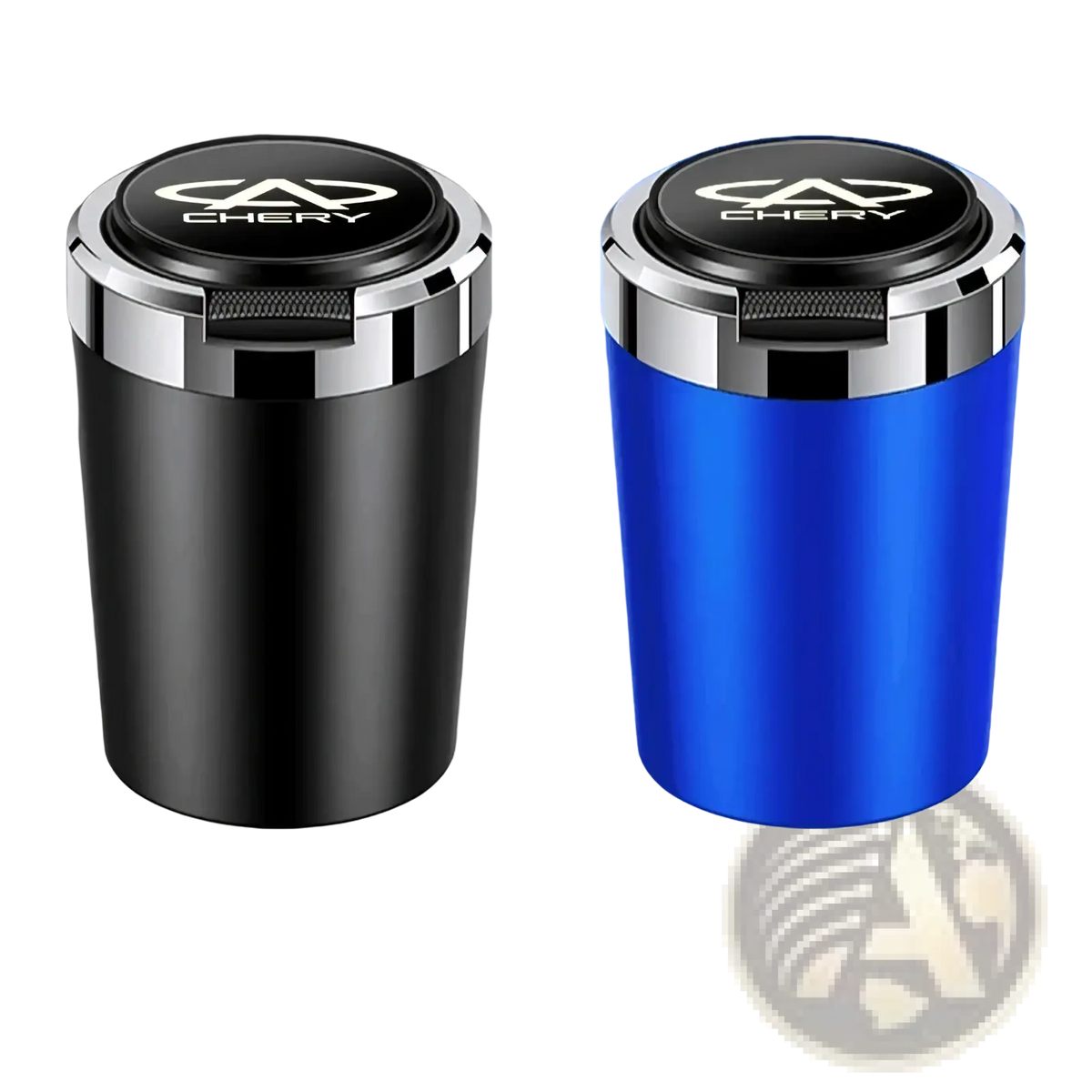 Black metallic chery led car ashtray with chrome rim and luminous vehicle cup design on the lid