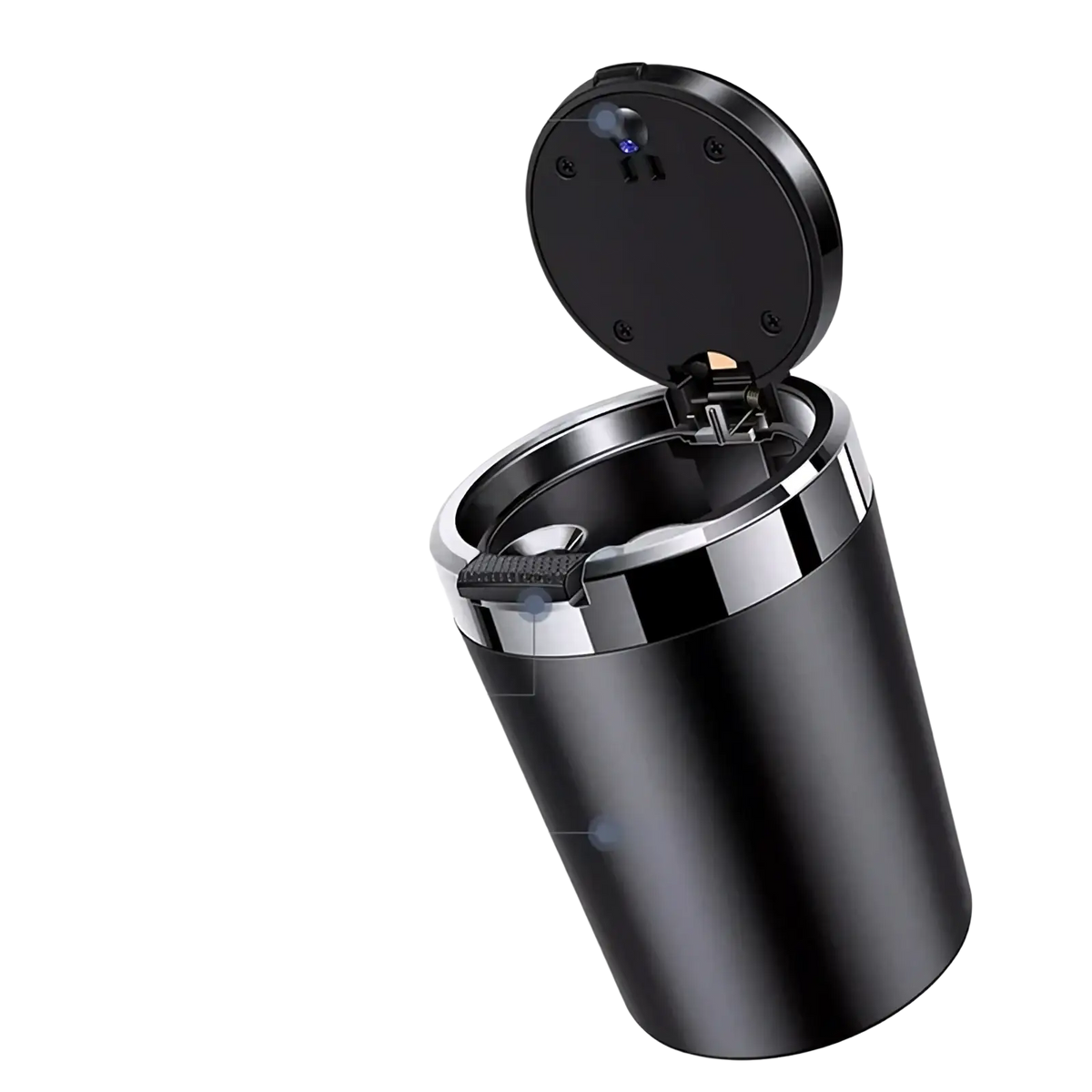 Black cylindrical chery led car ashtray with chrome rim and lid featuring an led night light inside the hinged cover