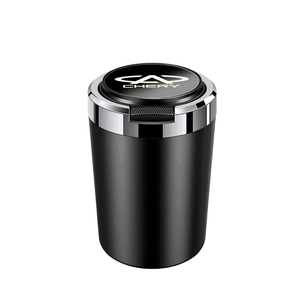 Black cylindrical led car ashtray with silver metallic rim and chery logo designed for vehicle use