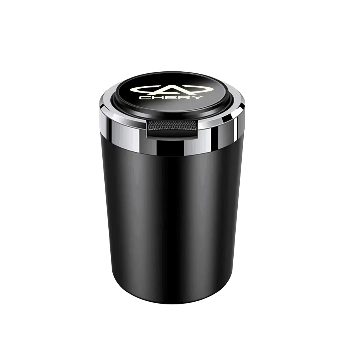 Black cylindrical led car ashtray with silver metallic rim and chery logo designed for vehicle use