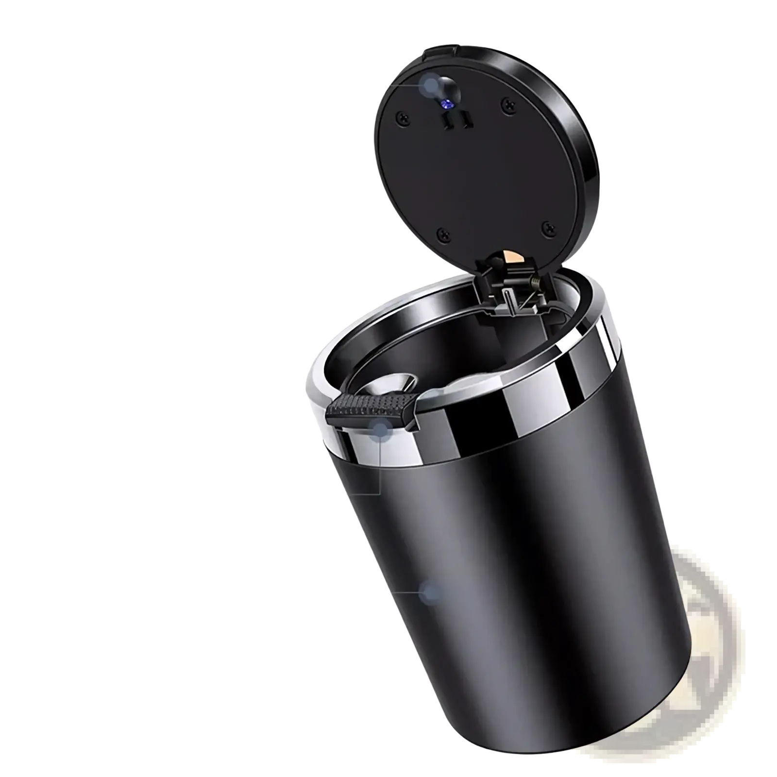 Black cylindrical chery led car ashtray with chrome rim and lid featuring an led night light inside the hinged cover