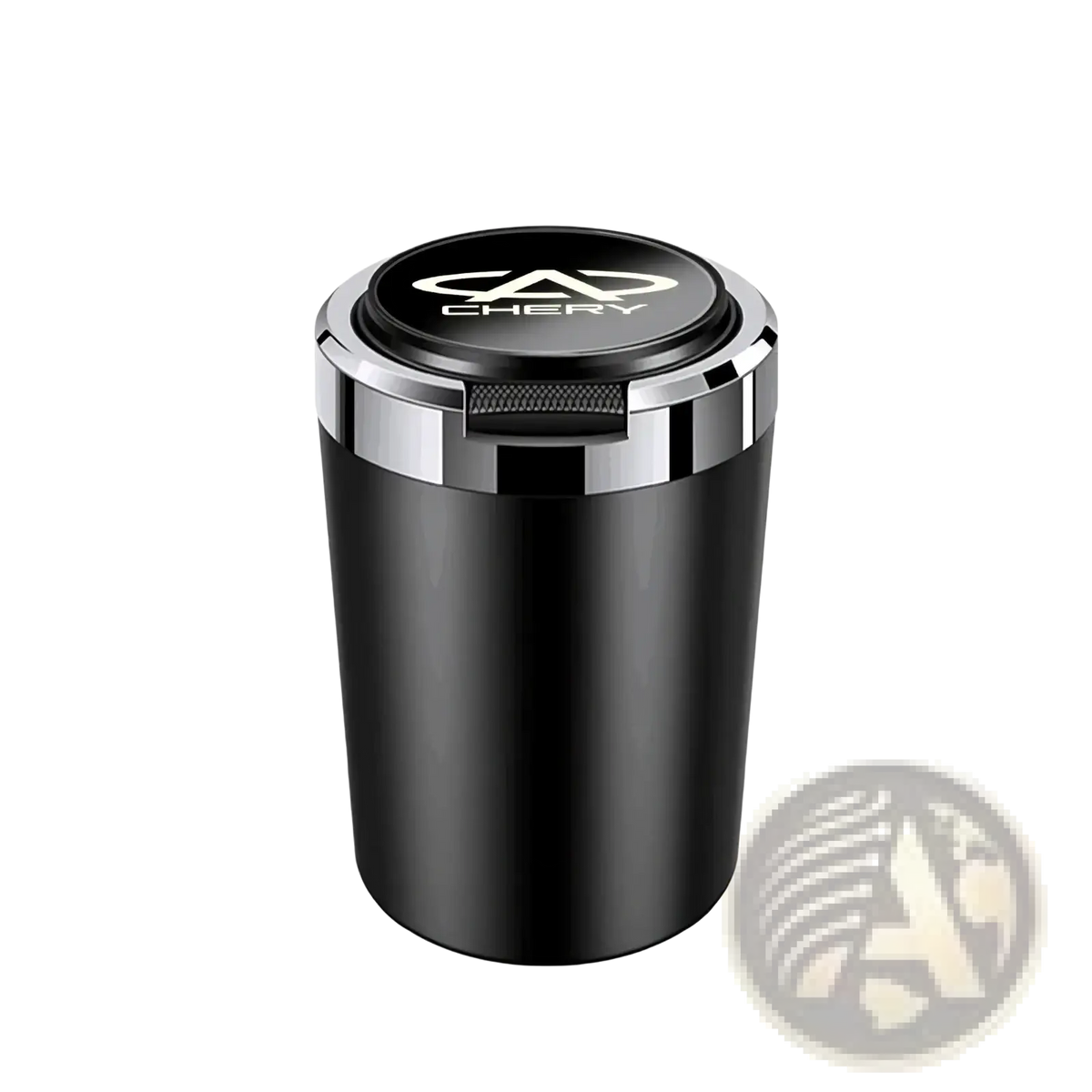 Black cylindrical led car ashtray with silver metallic rim and chery logo designed for vehicle use