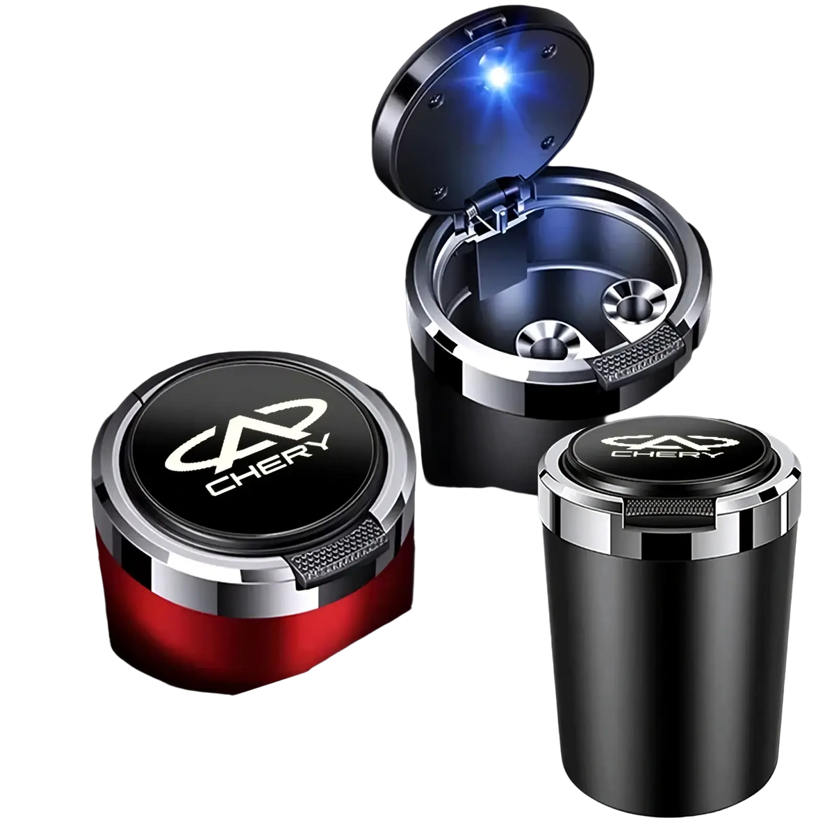 Black and red metallic chery led car ashtray with glowing blue led light inside the open lid for vehicles