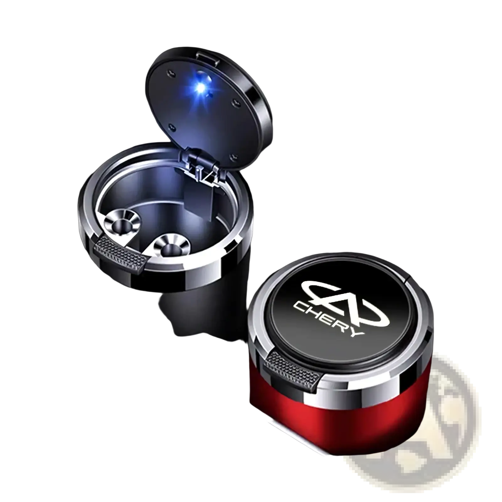Red and black Chery led car ashtray with silver rim and blue illuminated light on open lid for vehicle cup use