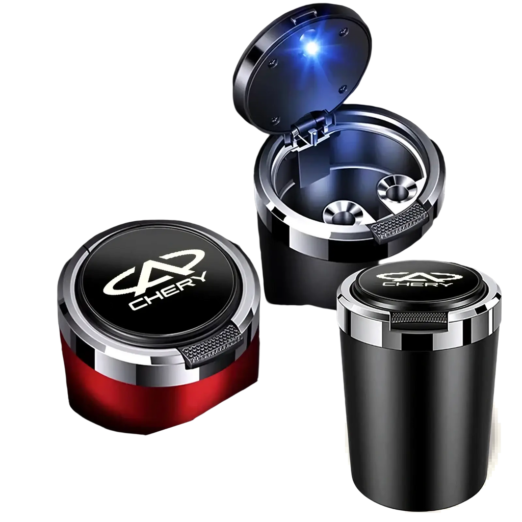 Black and red metallic chery led car ashtray with glowing blue led light inside the open lid for vehicles