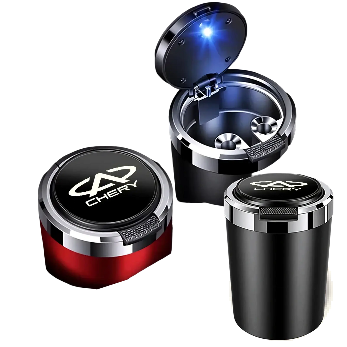 Black and red metallic chery led car ashtray with glowing blue led light inside the open lid for vehicles