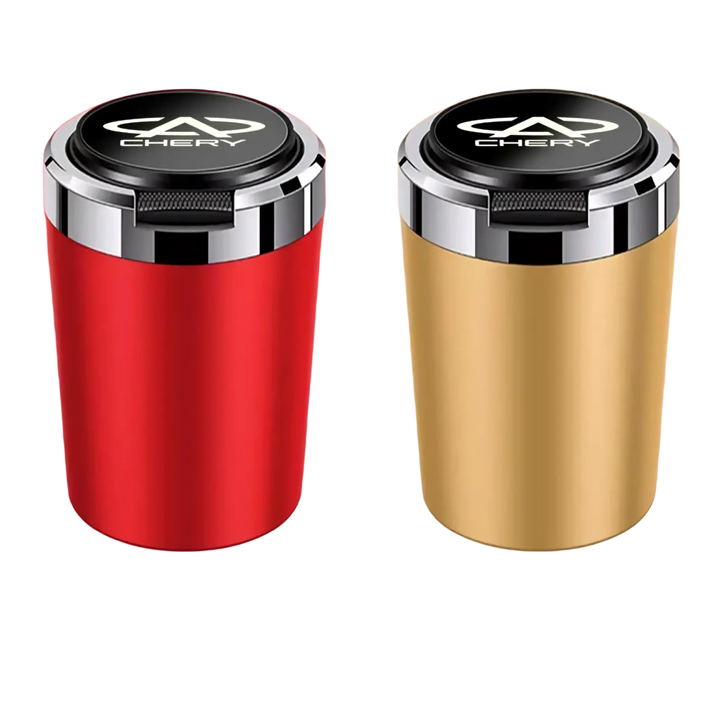 Red and gold metallic chery led car ashtrays with sleek cylindrical design and black lid engraved with chery logo