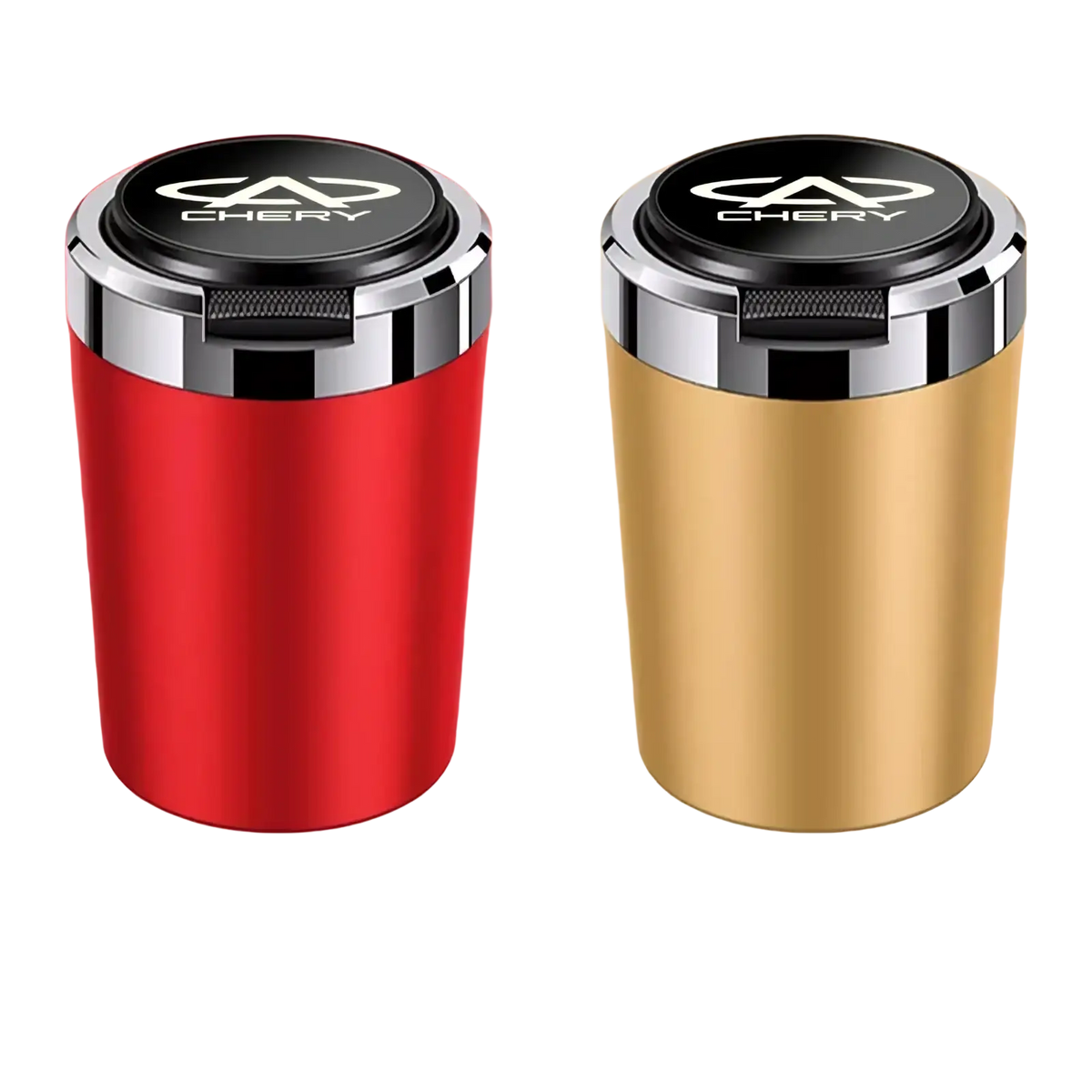Red and gold metallic chery led car ashtrays with sleek cylindrical design and black lid engraved with chery logo