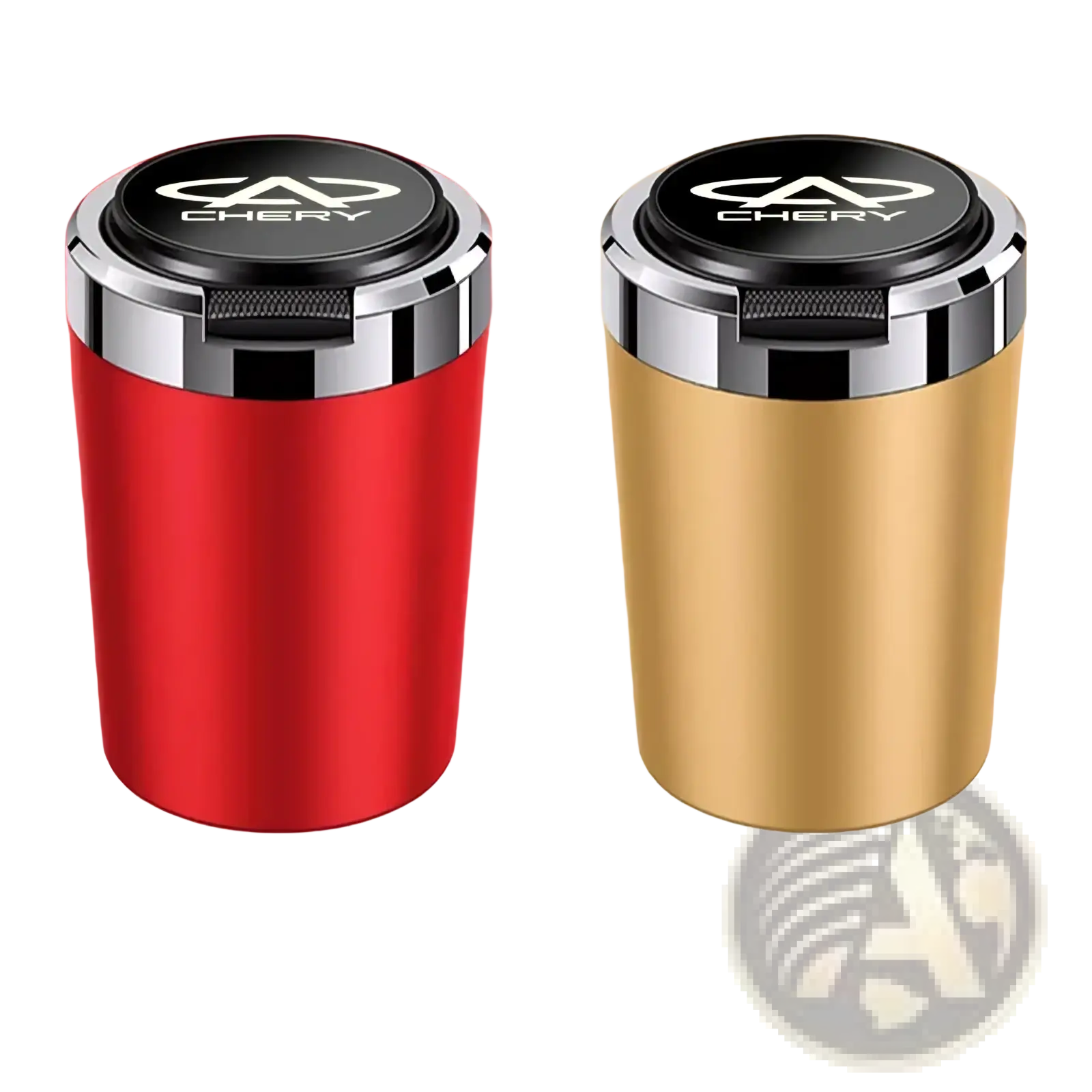Red and gold metallic chery led car ashtrays with sleek cylindrical design and black lid engraved with chery logo