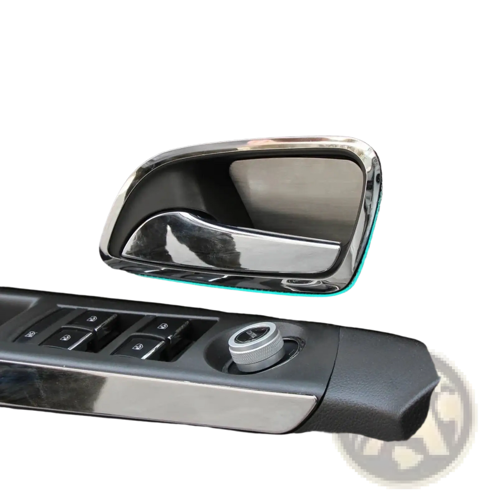 Chrome interior door handle trim for chevrolet cruze 2009-2014 with sleek curved design and subtle teal accent edges