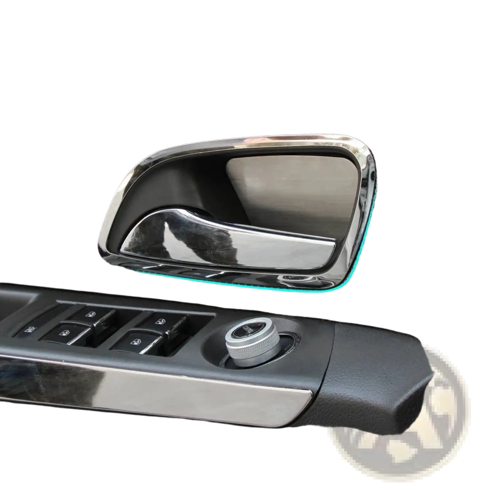 Chrome interior door handle trim for chevrolet cruze 2009-2014 with sleek curved design and subtle teal accent edges