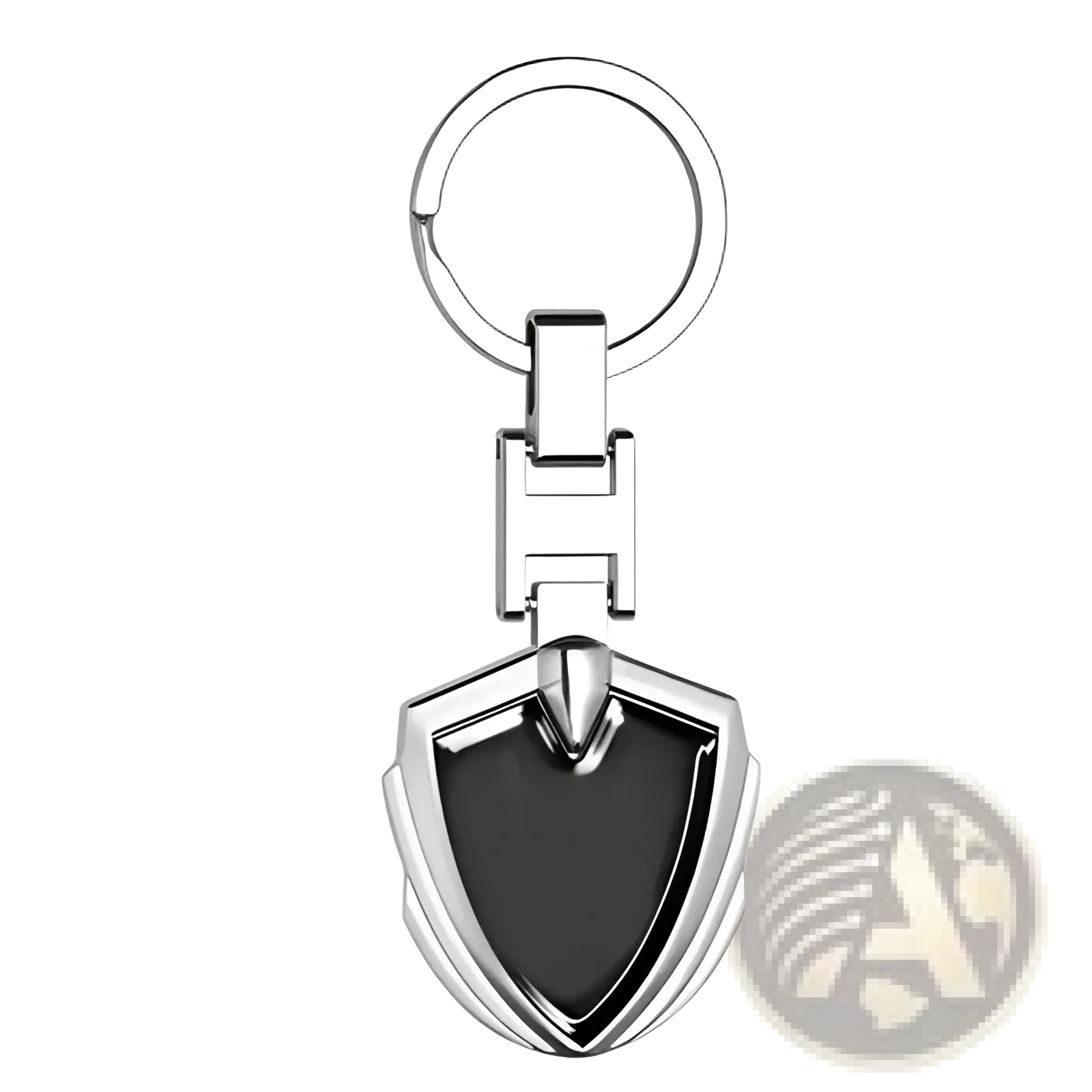 Silver shield-shaped Chevrolet metal car keychain with black inlay and polished metallic finish