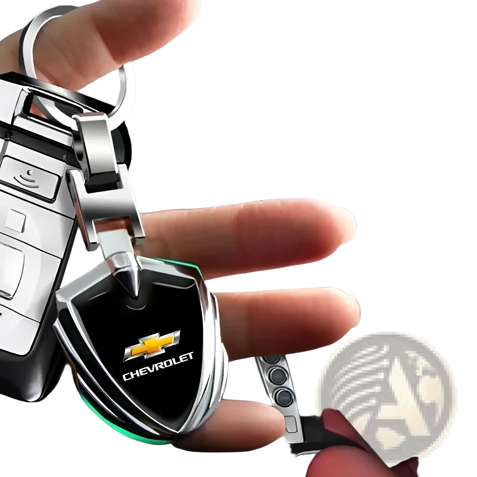 Shiny silver Chevrolet metal shield car keychain with black shield design and glowing green LED light